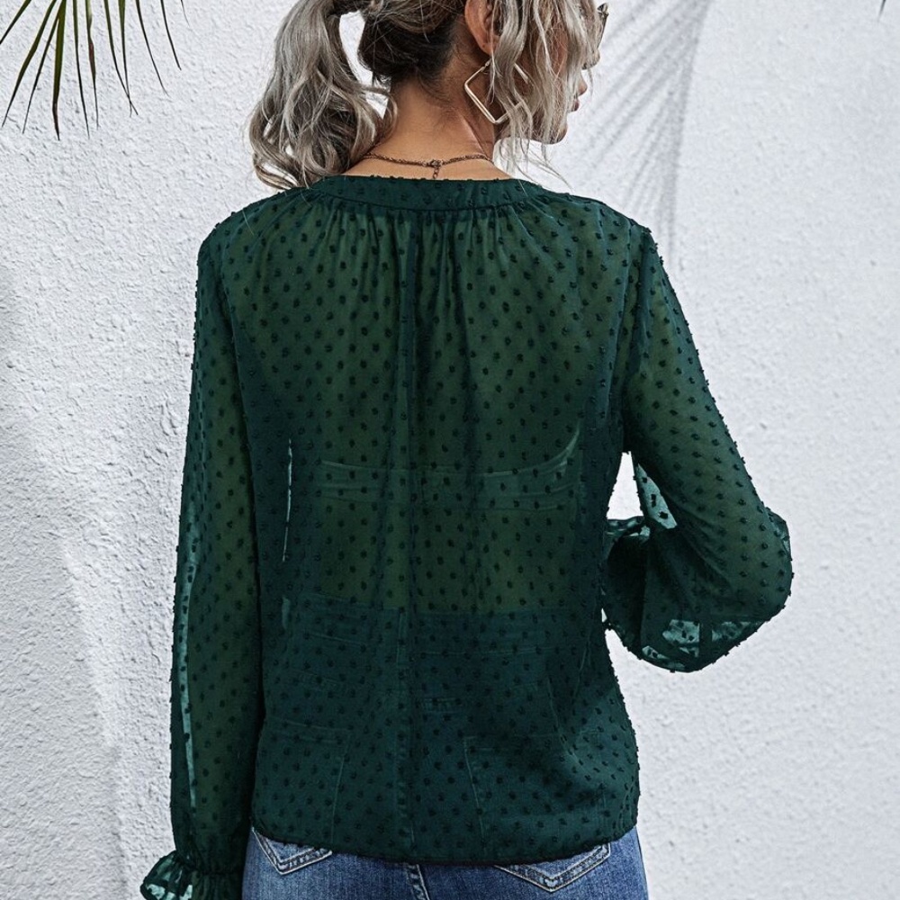 polka dot v neck button chiffon long sleeve top - Picture 3 of 11